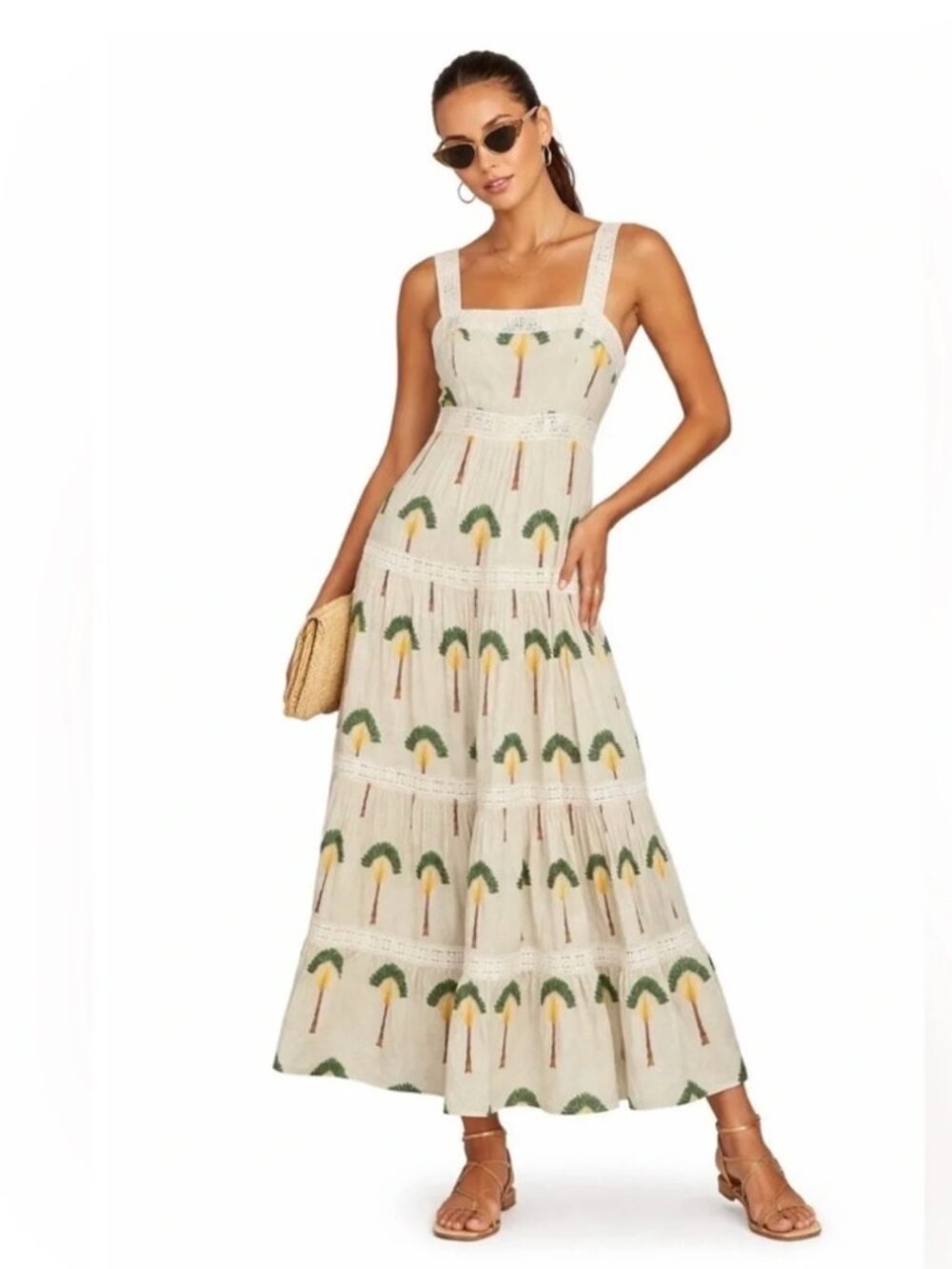 Calypso St. Barth Cream Crochet-Trim Dress Green & Yellow Palm Print S